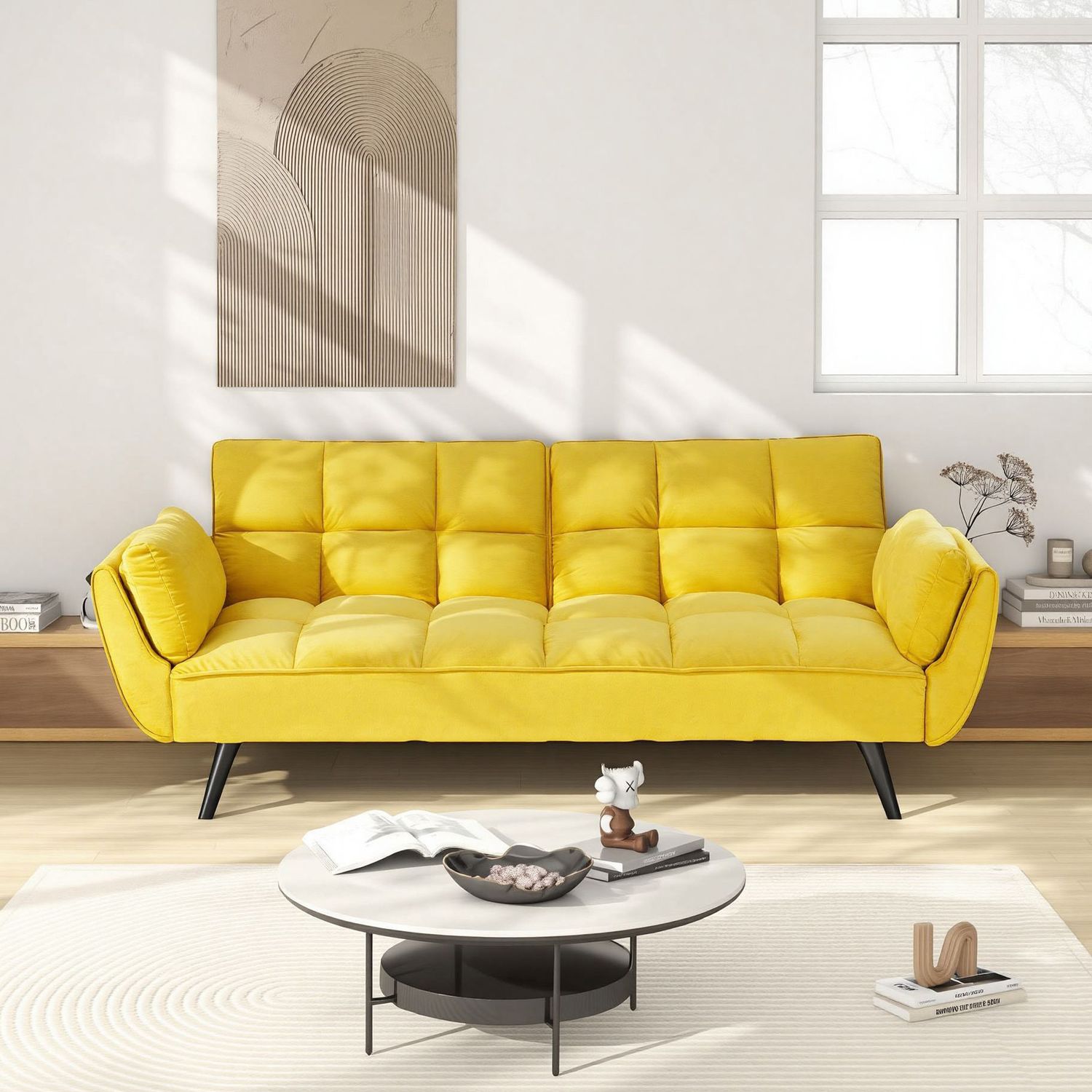 74 74" yellow sofa Soft two armrests throw pillow comfortable fit