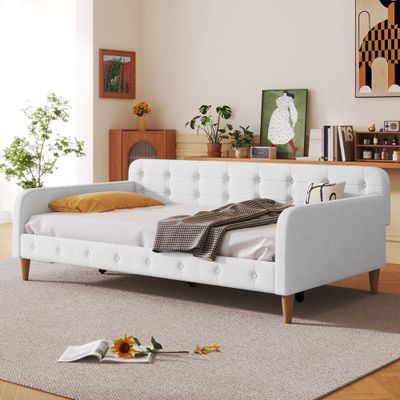 Twin Size Upholstered Daybed with 4 Support Legs, Beige Twin Size Upholstered Daybed with 4 Support Legs, Beige