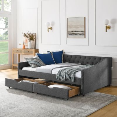 Full Size Daybed with Drawers Upholstered Tufted Sofa Bed - Dark Grey Full Size Daybed with Drawers Upholstered Tufted Sofa Bed - Dark Grey