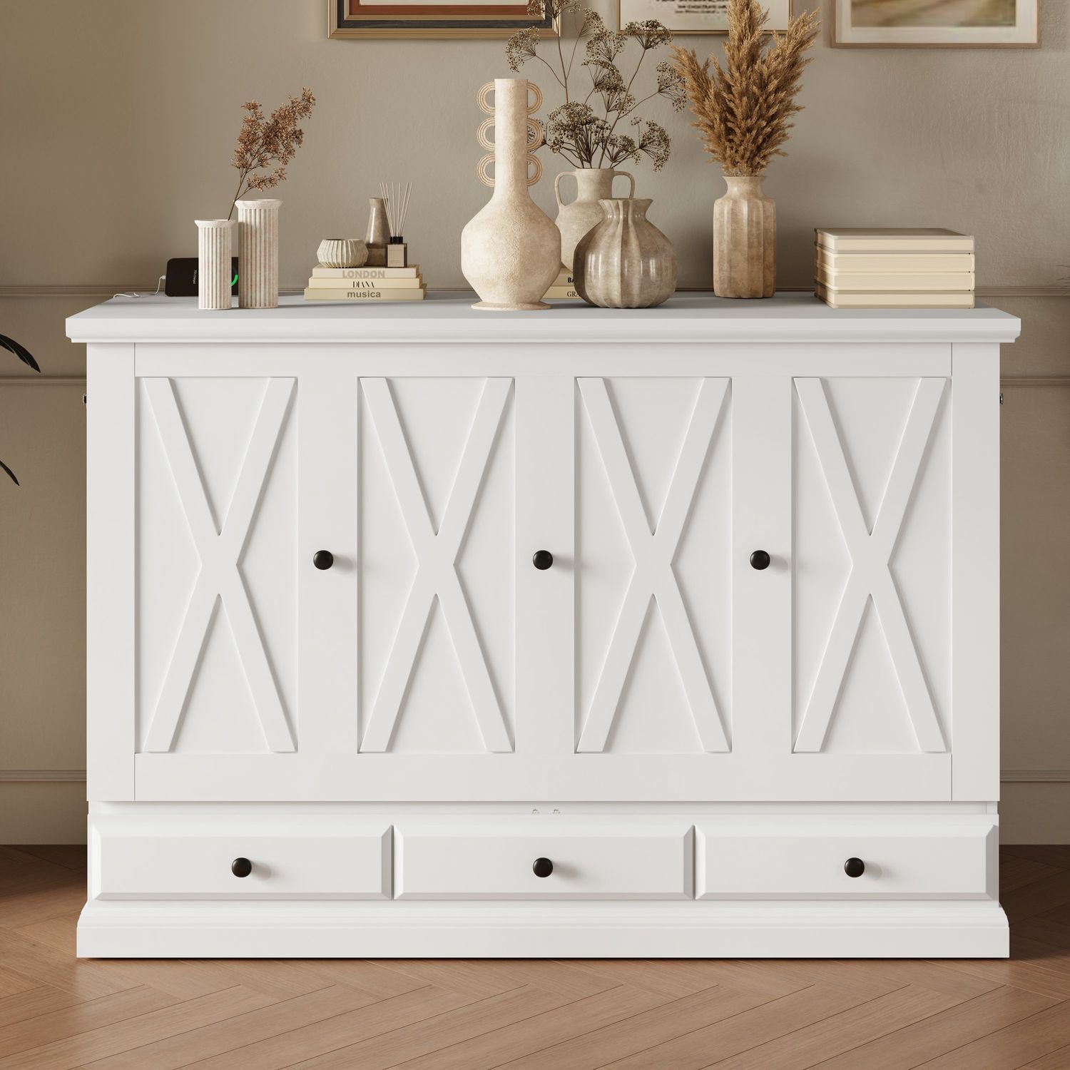 Farmhouse Style Solid Pine Wood Murphy Bed Chest Cube Cabinet Bed with