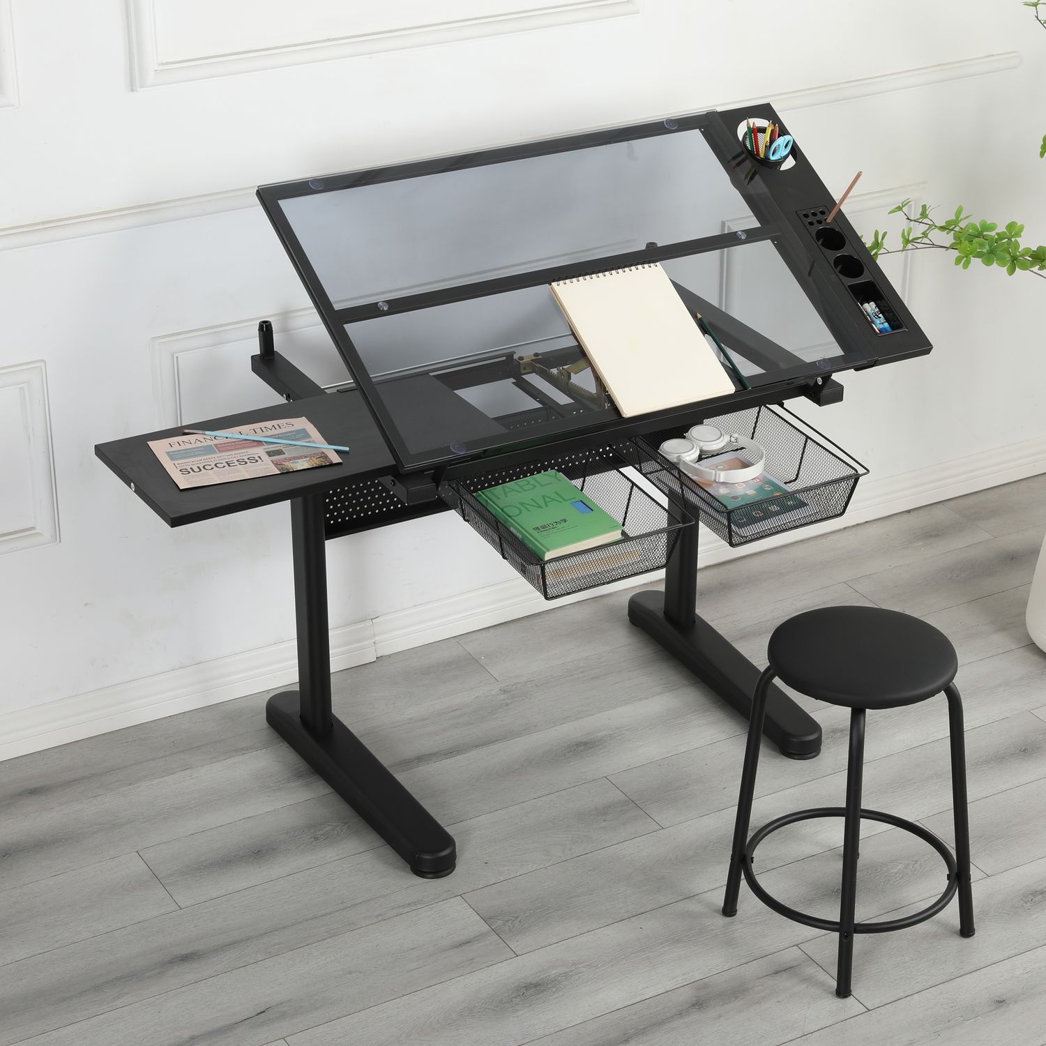 hand crank adjustable drafting table drawing desk with 2 metal drawers