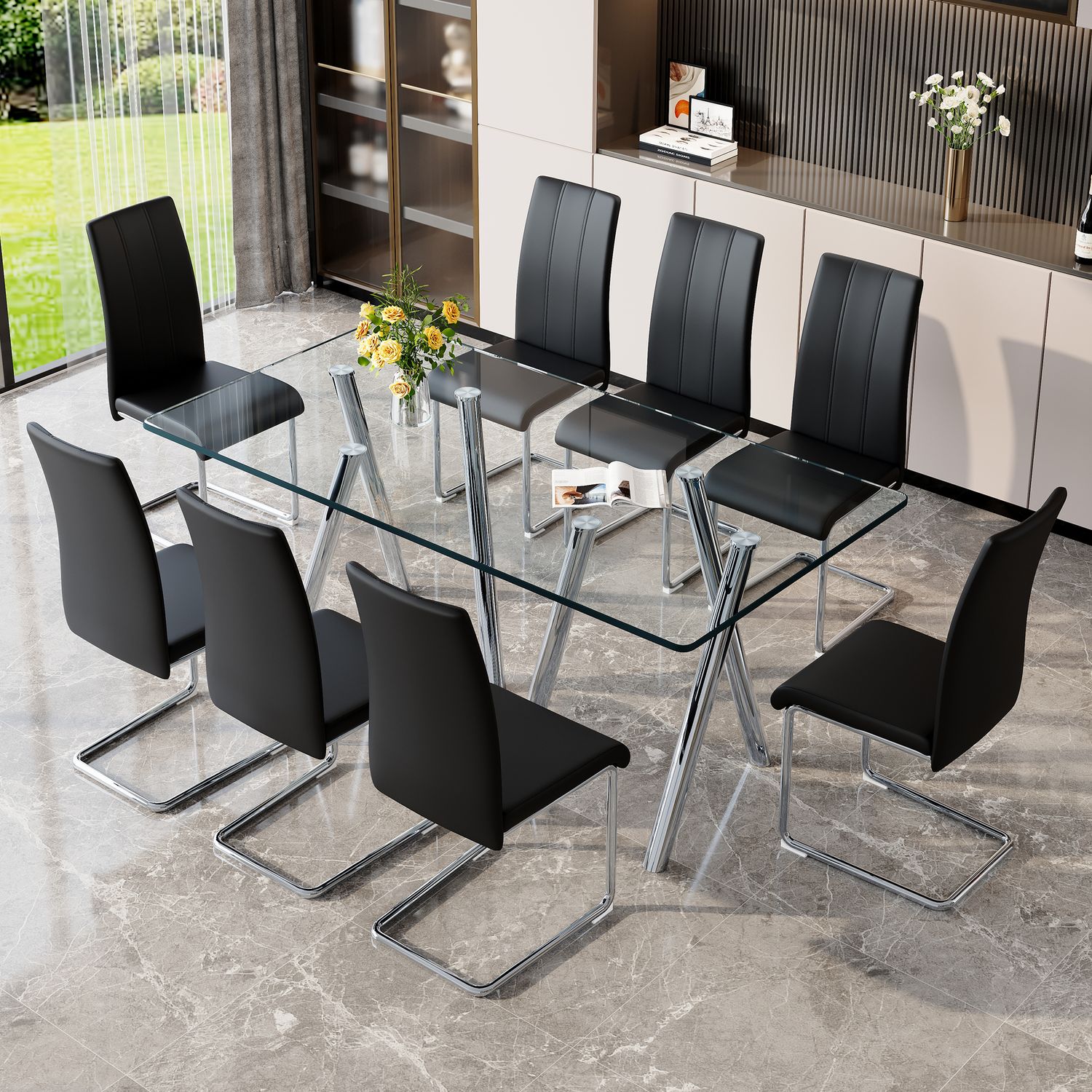 Tempered Glass Dining Table Set for 8 - Black, Silver
