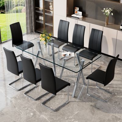 Tempered Glass Dining Table Set for 8 - Black, Silver Tempered Glass Dining Table Set for 8 - Black, Silver