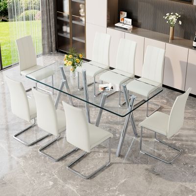 Tempered Glass Dining Table Set for 8 - Silver, White