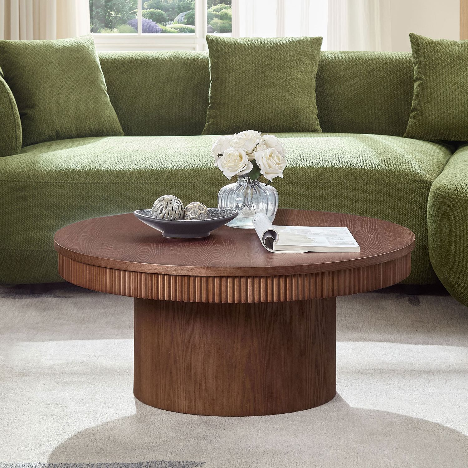 35.43 35.43" Walnut Round Coffee Table with Solid Wood Ribbed Wave Trim