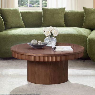 35.43 35.43" Walnut Round Coffee Table with Solid Wood Ribbed Wave Trim