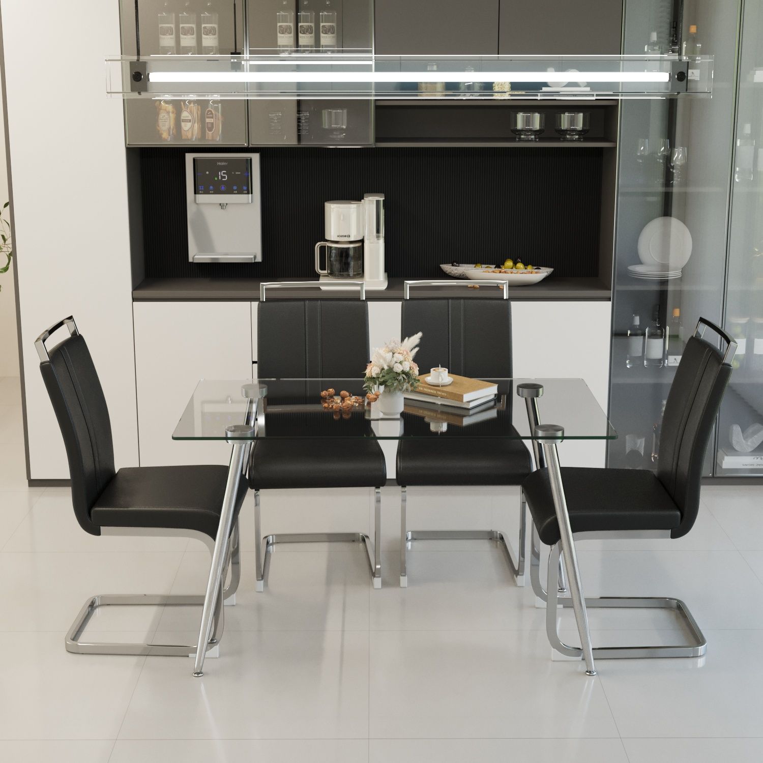 51 51" Glass Dining Table Set for 4 - Transparent - Model W2189S01097