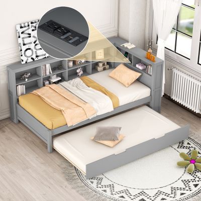 Wooden Twin Size DayBed with Twin Size Trundle - Grey - 47.9 x 83.9 x Wooden Twin Size DayBed with Twin Size Trundle - Grey - 47.9 x 83.9 x