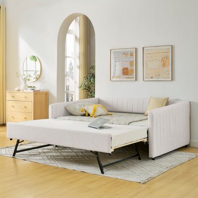 Full Size Daybed with Trundle Upholstered Sofa Bed - Beige - Model Full Size Daybed with Trundle Upholstered Sofa Bed - Beige - Model