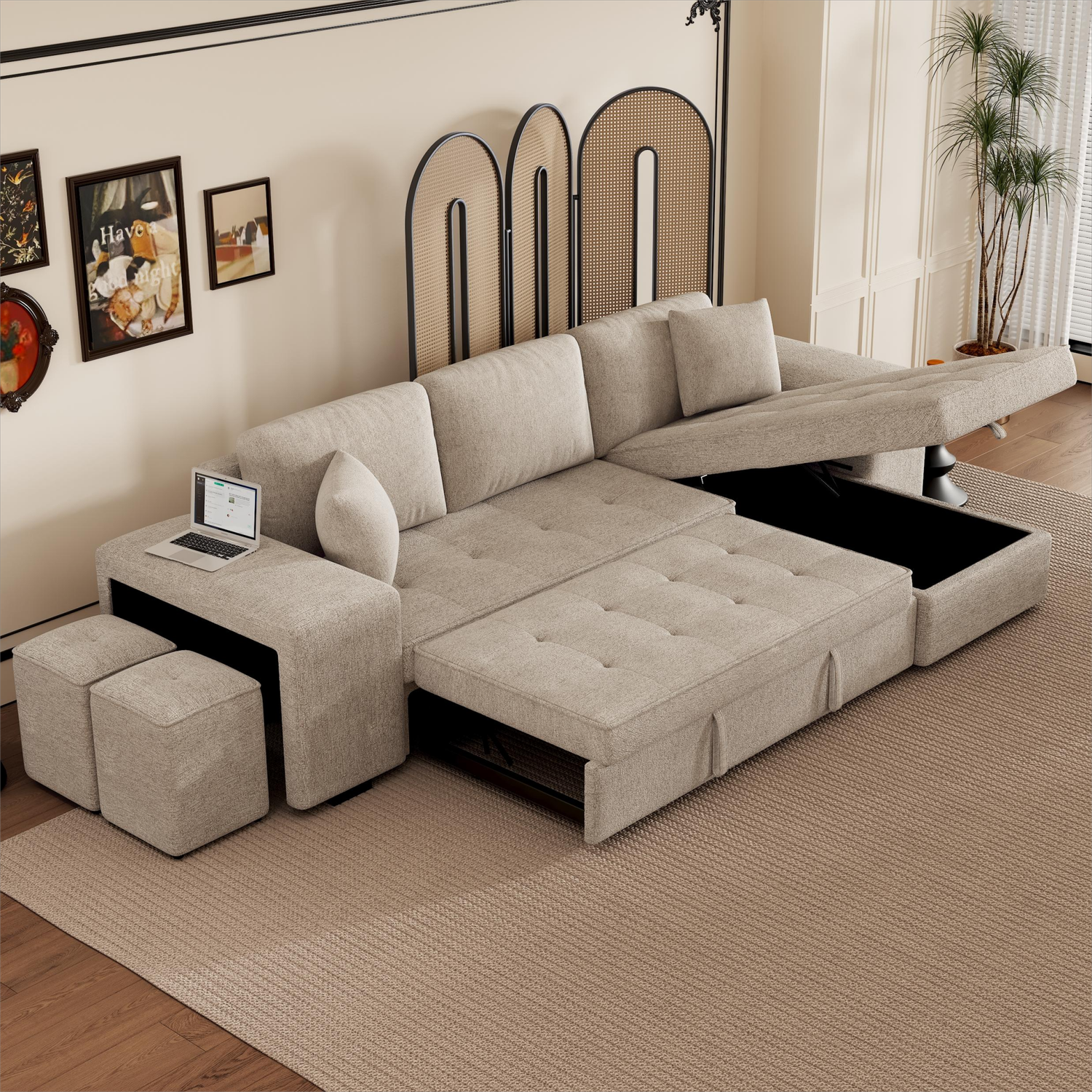 104.5" Modern L - Shaped 3 Seat Reversible Sectional Couch - Cream