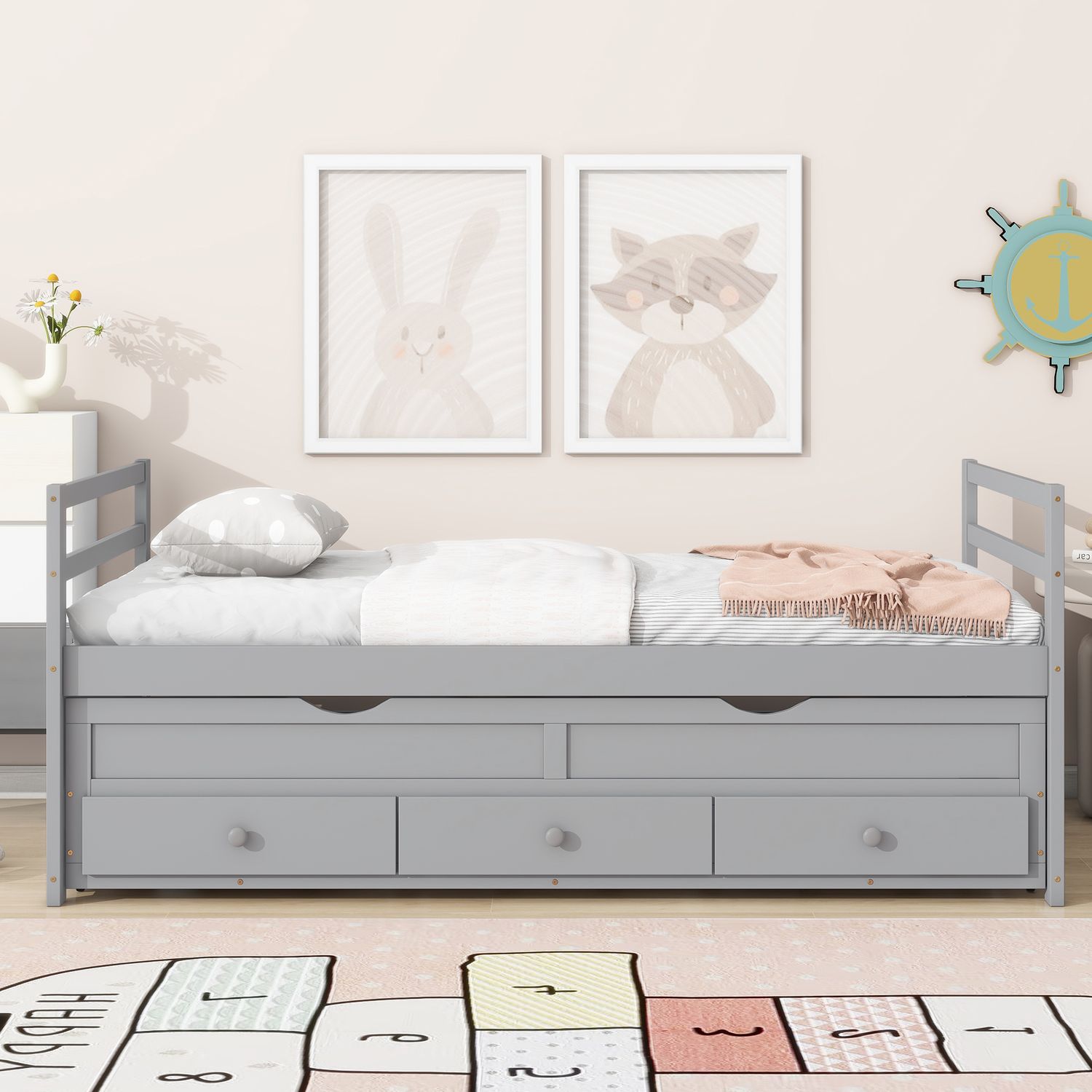 Twin Size Bed with Headboard - Grey Twin Size Bed with Headboard - Grey