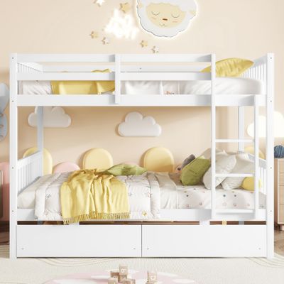 full Over full Rubber Wood Bunk Bed with 2 Drawers - White full Over full Rubber Wood Bunk Bed with 2 Drawers - White