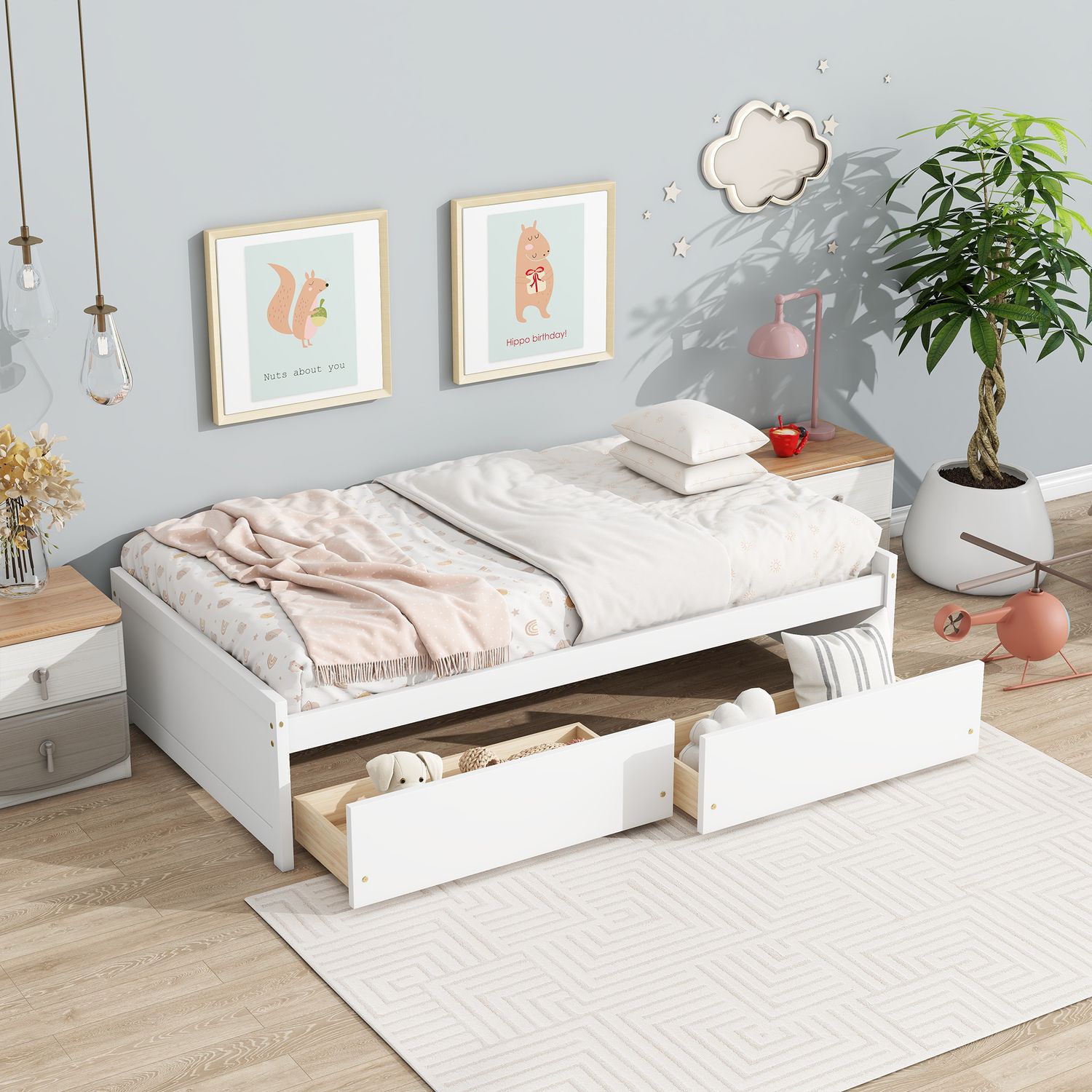 Twin Size Bed with 2 Drawers, Solid Rubber Wood Bed, White Twin Size Bed with 2 Drawers, Solid Rubber Wood Bed, White
