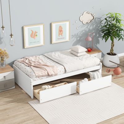 Twin Size Bed with 2 Drawers, Solid Rubber Wood Bed, White Twin Size Bed with 2 Drawers, Solid Rubber Wood Bed, White
