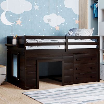 Twin Size Loft Bed with Cabinet and Shelf - Espresso - 40.5 x 77.4 x Twin Size Loft Bed with Cabinet and Shelf - Espresso - 40.5 x 77.4 x