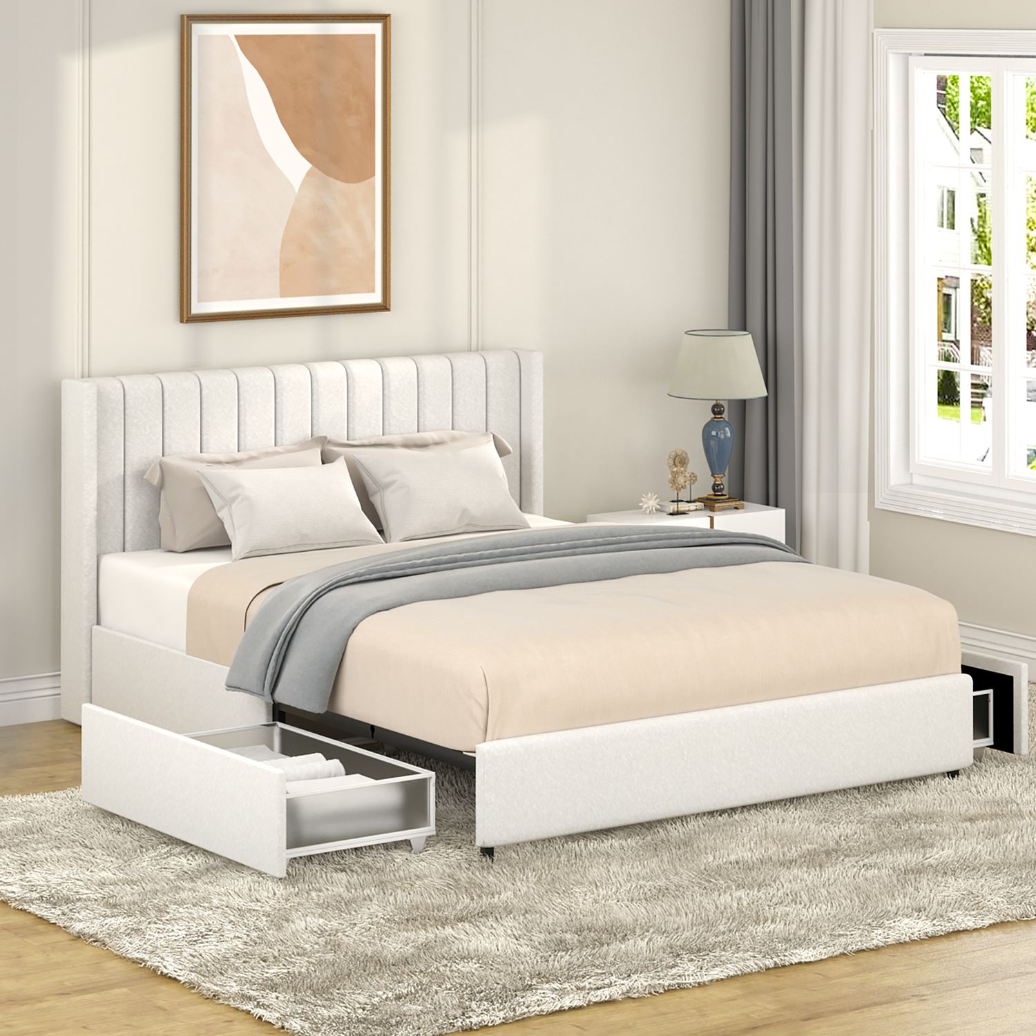 Anda Patented 2 - Drawers Storage Bed Queen Size Ivory Boucle