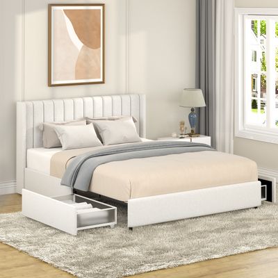 Anda Patented 2 - Drawers Storage Bed Queen Size Ivory Boucle Anda Patented 2 - Drawers Storage Bed Queen Size Ivory Boucle