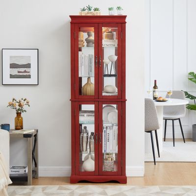 Lighted Glass Curio Display Cabinet with Wood Frame - Cherry Lighted Glass Curio Display Cabinet with Wood Frame - Cherry
