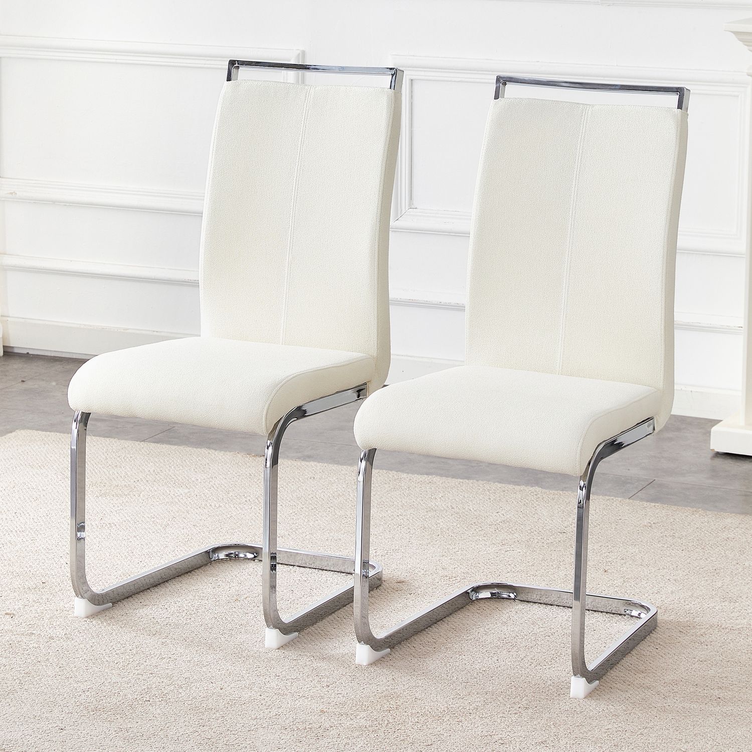Set of 2 Cream Textured Granular Fabric Material Dining Chairs: 39.3"