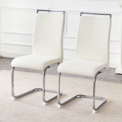 Set of 2 Cream Textured Granular Fabric Material Dining Chairs: 39.3 Set of 2 Cream Textured Granular Fabric Material Dining Chairs: 39.3"