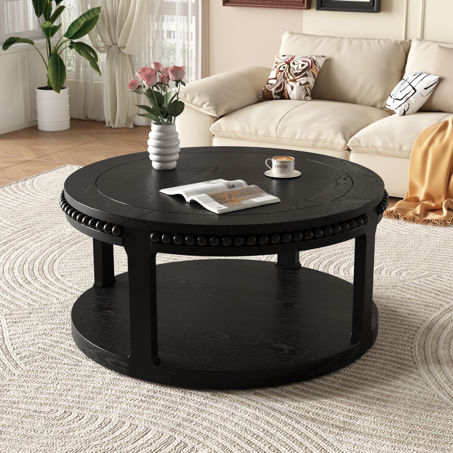 31.5 31.5" Solid Wood Round Coffee Table for Living Room - Black