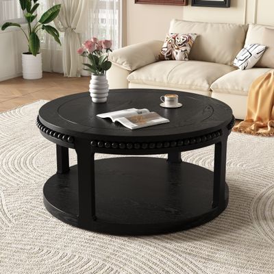 31.5 31.5" Solid Wood Round Coffee Table for Living Room - Black
