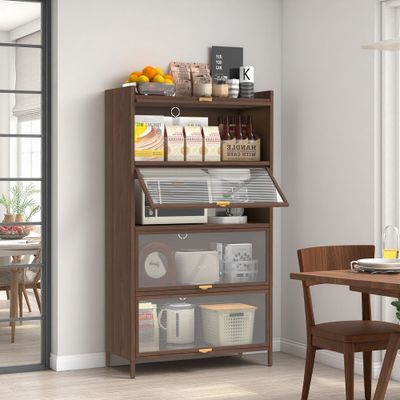 57'' Tall Metal 4 Flip Doors Cabinet - Walnut 57'' Tall Metal 4 Flip Doors Cabinet - Walnut