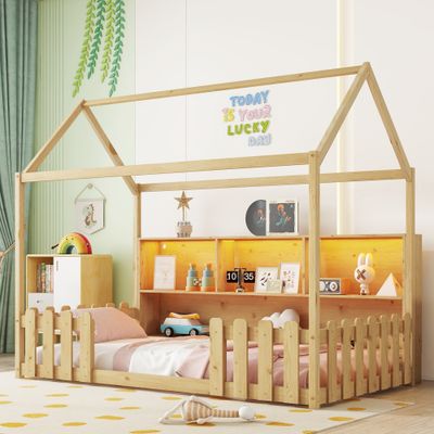 Twin Size House Bed with LED Light - Natural Twin Size House Bed with LED Light - Natural