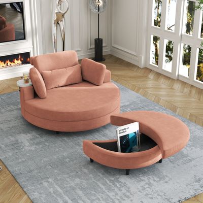 A 51 - inch orange corduroy sofa with two throw pillows
