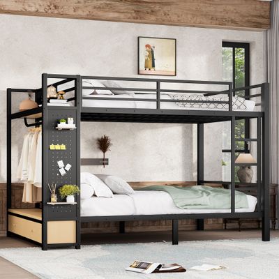 Queen over Queen size Metal Bunk Bed for Teens with Storage Shelves