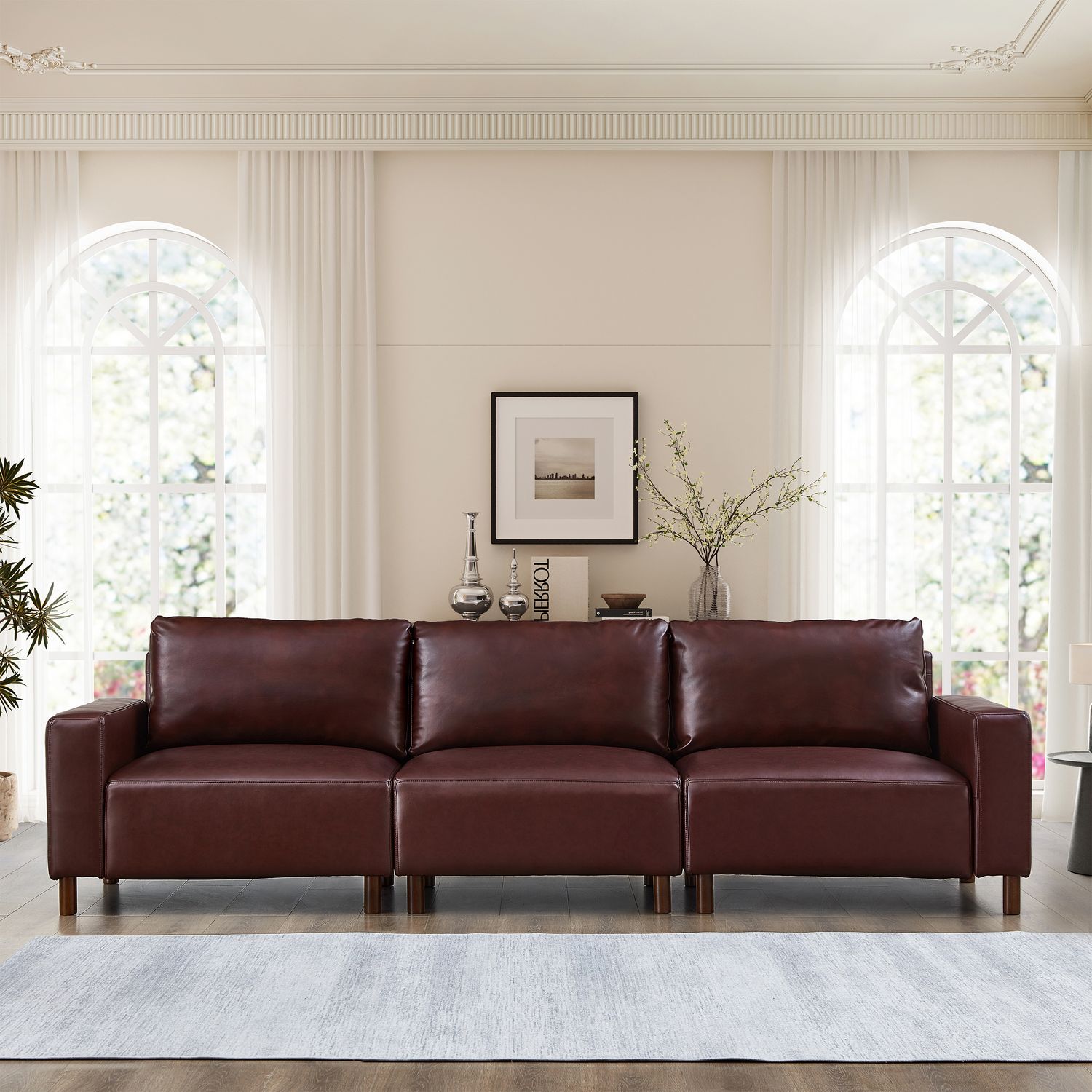 112 112" Luxury PU Leather Sofa for Living Room - Burgundy