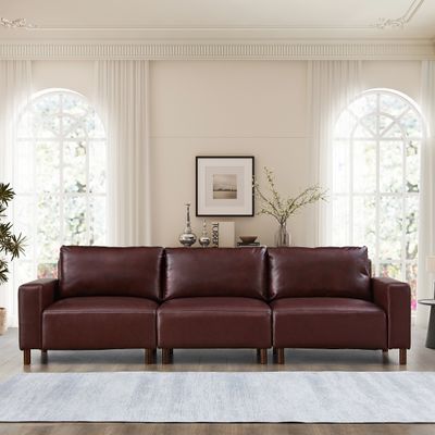 112 112" Luxury PU Leather Sofa for Living Room - Burgundy