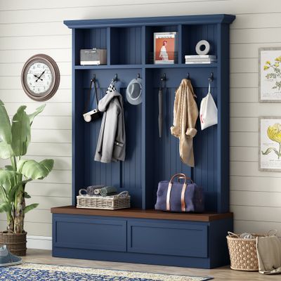 Farmhouse 4 - in - 1 Hall Tree with Wood Grain Bench - Blue Farmhouse 4 - in - 1 Hall Tree with Wood Grain Bench - Blue