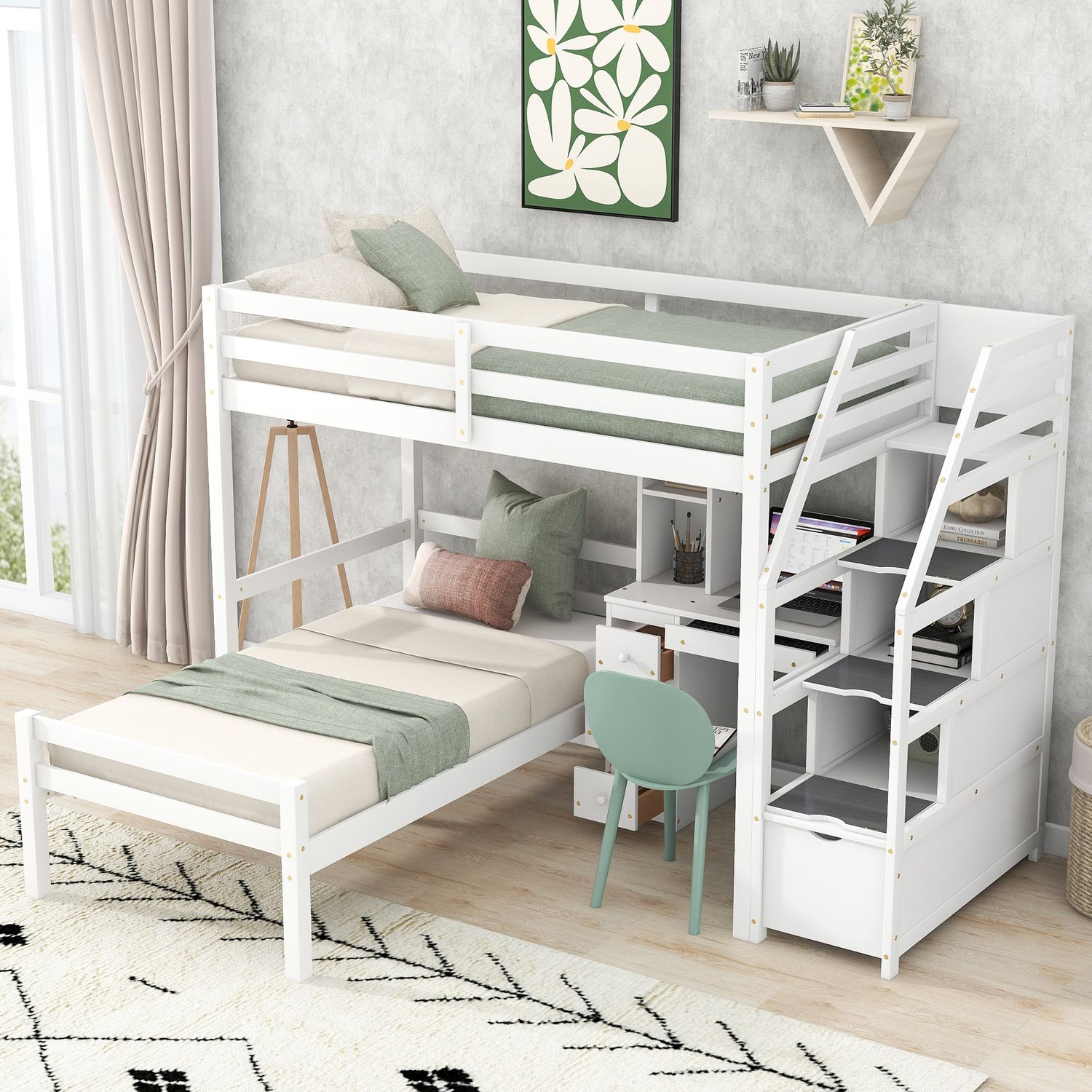 Twin Size Loft Bed with a Stand - alone Bed - White Twin Size Loft Bed with a Stand - alone Bed - White