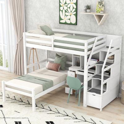Twin Size Loft Bed with a Stand - alone Bed - White Twin Size Loft Bed with a Stand - alone Bed - White