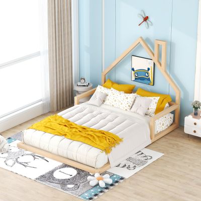 Full Size Wood Floor Bed with House - shaped Headboard, Natural