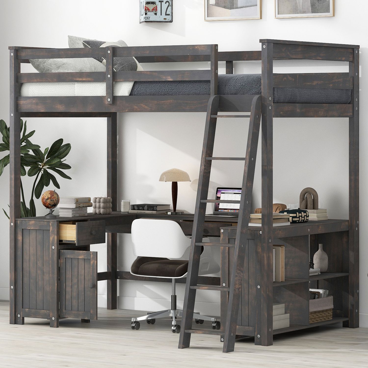 Full Size Loft Bed with U - Shaped Desk - Antique brown Full Size Loft Bed with U - Shaped Desk - Antique brown