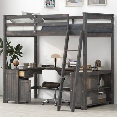 Full Size Loft Bed with U - Shaped Desk - Antique brown Full Size Loft Bed with U - Shaped Desk - Antique brown