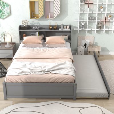 Full Size Bed with Trundle and Bookcase Headboard, Grey Full Size Bed with Trundle and Bookcase Headboard, Grey