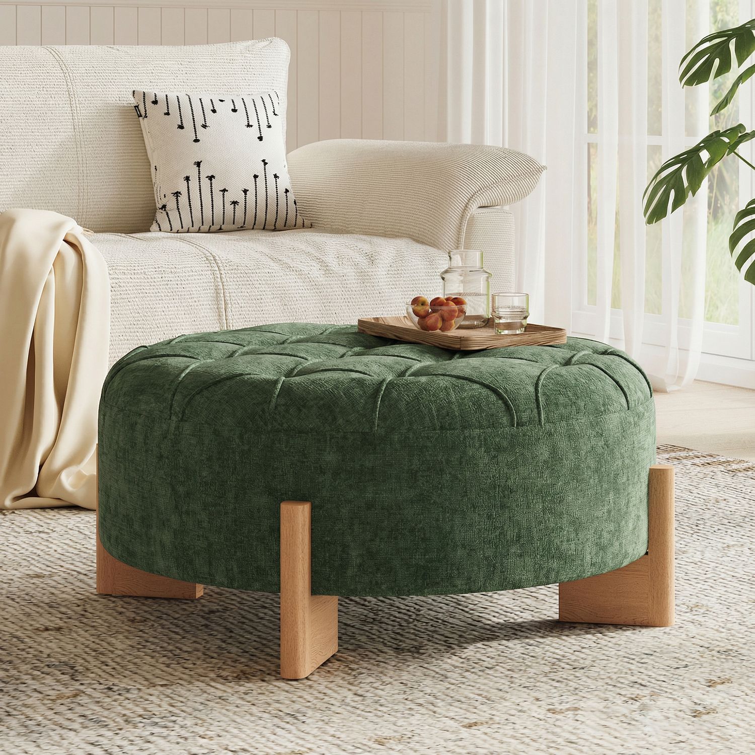 32 Round Tufted Ottoman with Solid Wood Legs - Green 32 Round Tufted Ottoman with Solid Wood Legs - Green