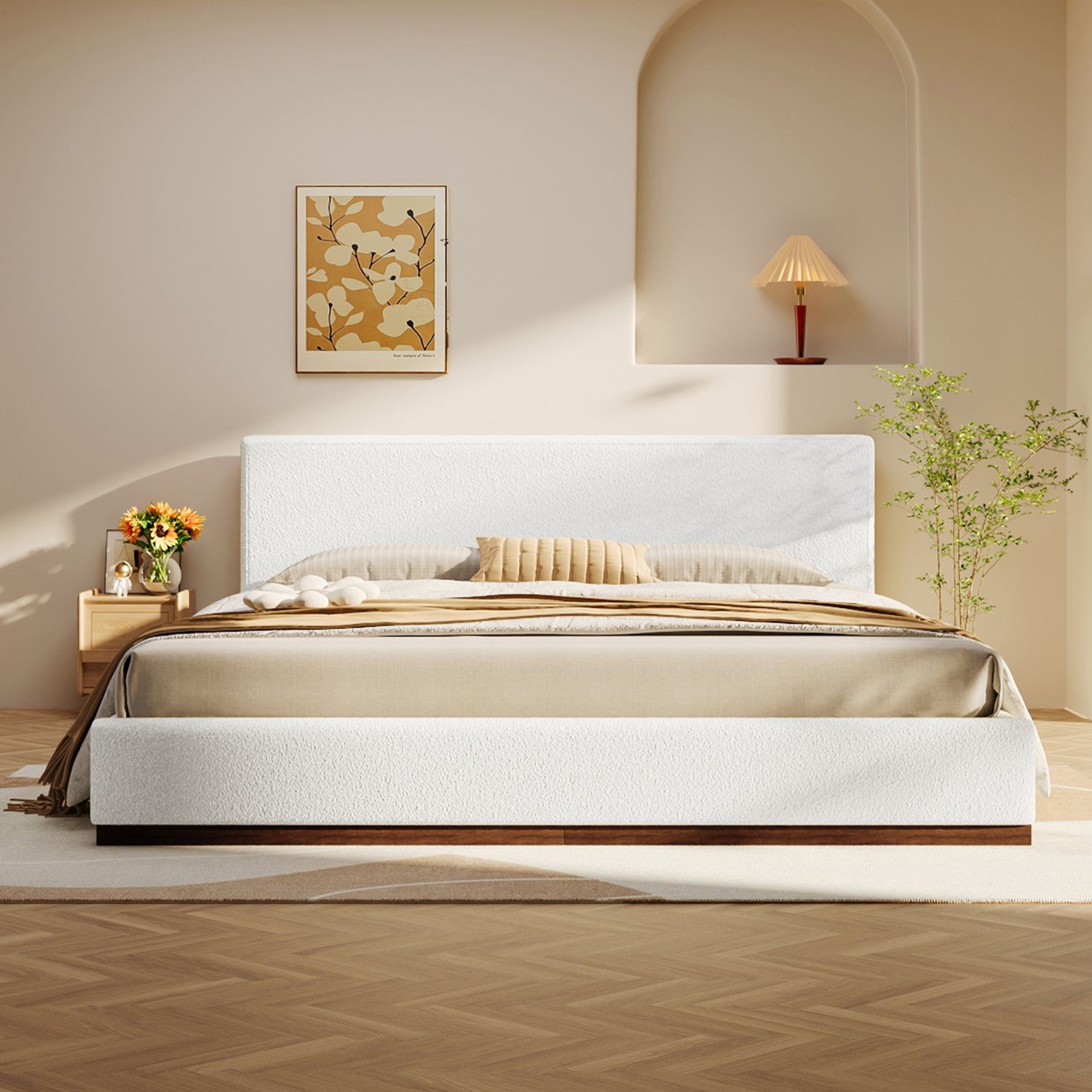 Elegant White Fabric Upholstered Bed With Nice Wood Grain Textured