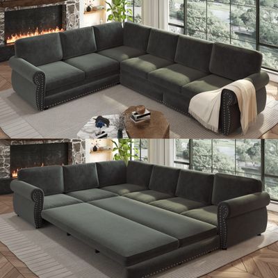 118 118" L - Shaped Sofa Couch with Pull - Out Bed - Dark Gray