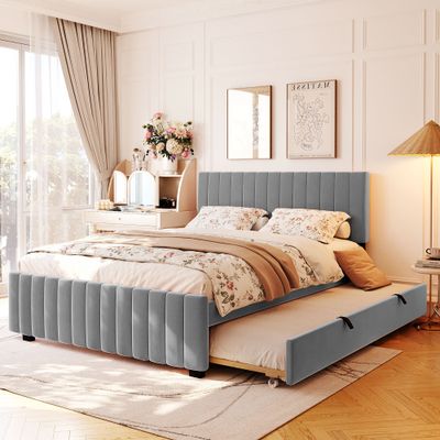 Queen Size Velvet Upholstered Platform Bed with Twin XL Size Trundle
