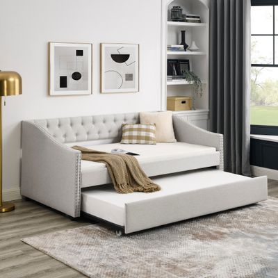 Twin Size Daybed with Twin Size Trundle Upholstered Tufted Sofa Bed Twin Size Daybed with Twin Size Trundle Upholstered Tufted Sofa Bed