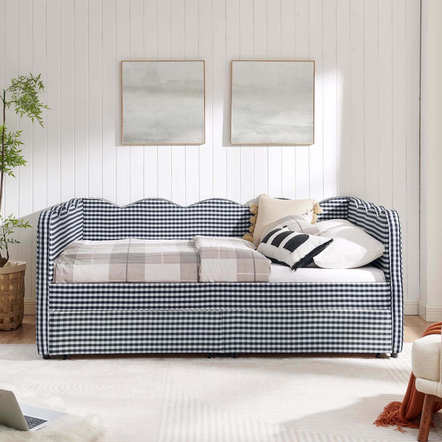 Full Size Cozy Gingham Daybed with Two Storage Drawers - Navy Blue