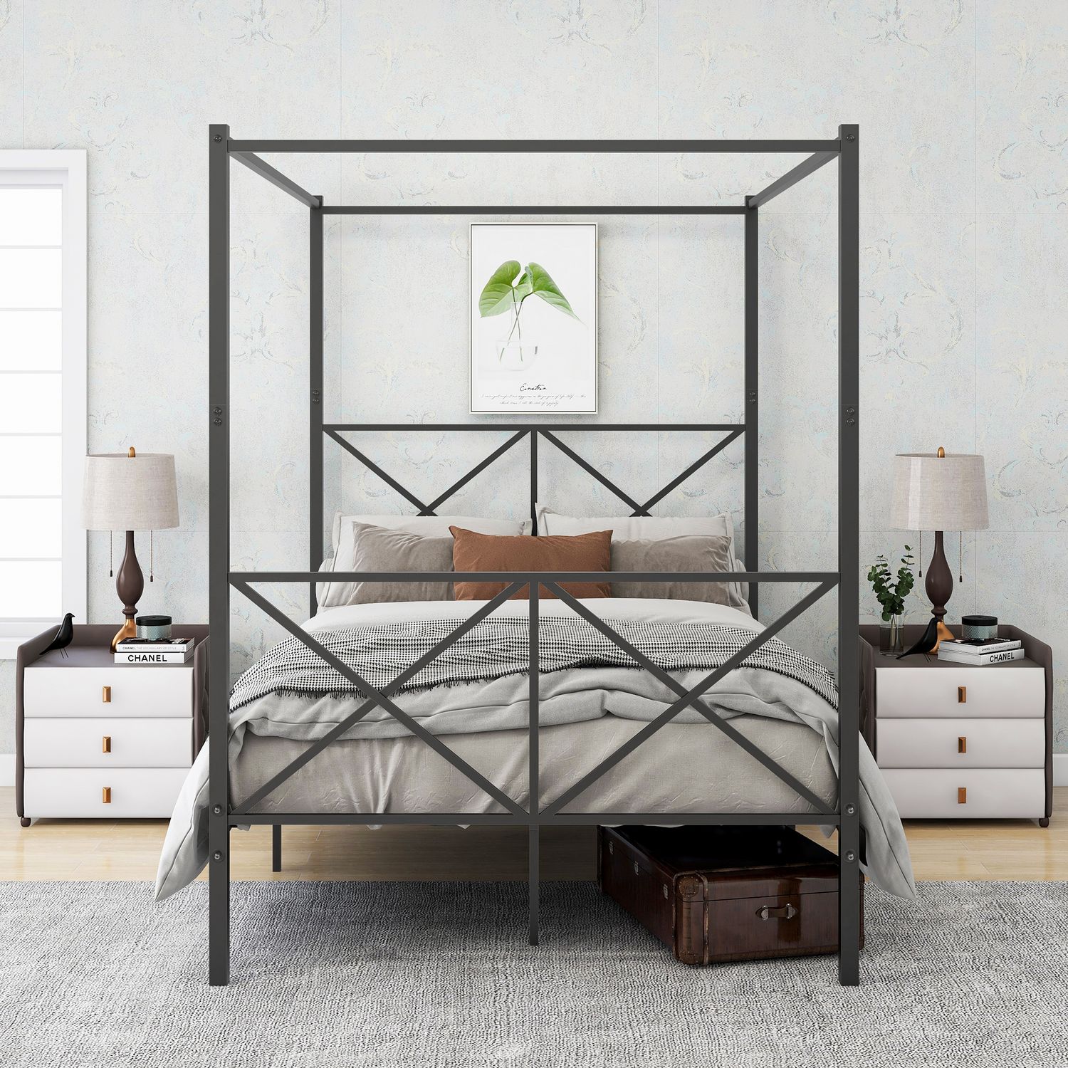 Metal Canopy Bed Frame, Platform Bed Frame with X Shaped Frame Full