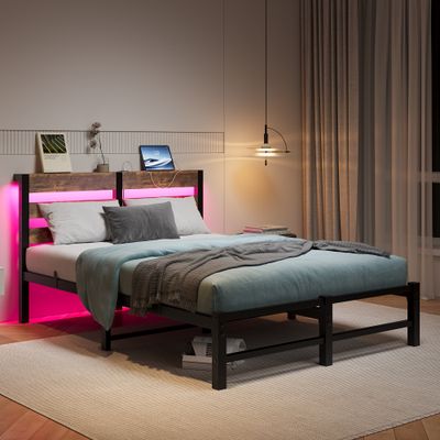 Full Size Metal Bed Frame with Wooden Headboard - Beige+Brown Full Size Metal Bed Frame with Wooden Headboard - Beige+Brown