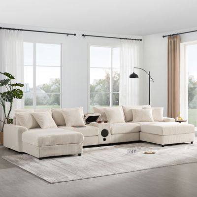 [VIDEO]141.5*64'' Corduroy Sectional Sofa with Bluetooth Speakers