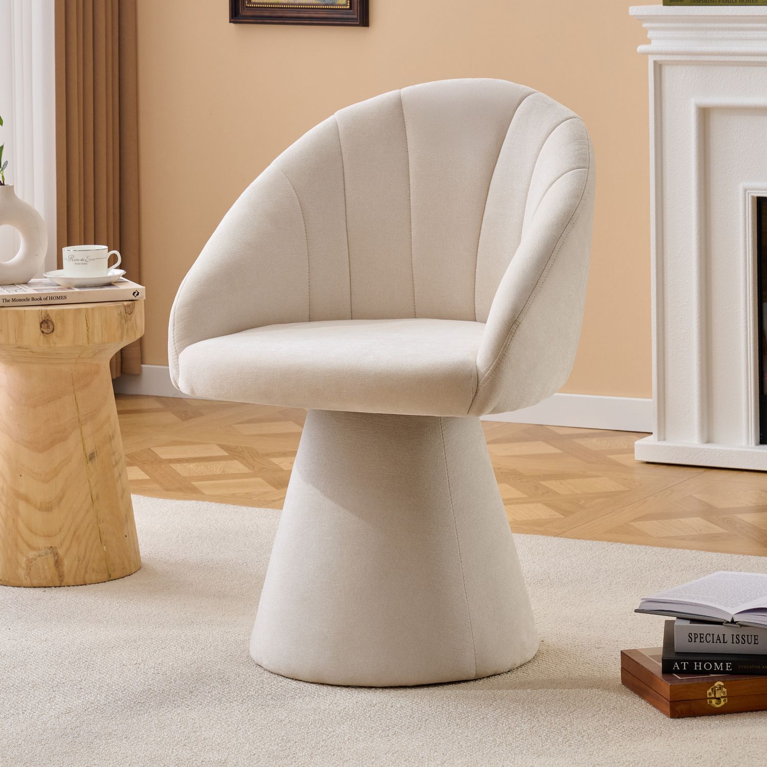 068 - Chenille Fabric Swivel Accent Armchair - Beige
