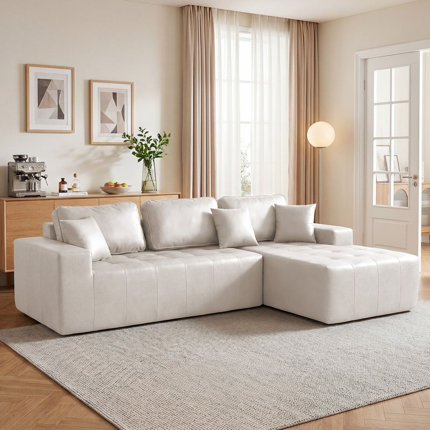 Faux Leather Corner Chaise Compression Sofa Bed - Beige Faux Leather Corner Chaise Compression Sofa Bed - Beige
